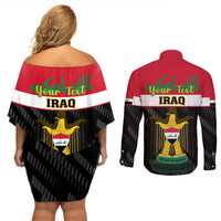 Personalised Iraq National Day Couples Matching Off Shoulder Short Dress and Long Sleeve Button Shirts Iraqi Coat Of Arms With Flag Style - Wonder Print Shop