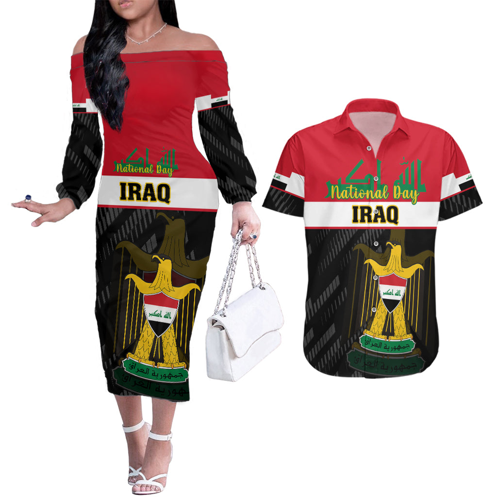 Personalised Iraq National Day Couples Matching Off The Shoulder Long Sleeve Dress and Hawaiian Shirt Iraqi Coat Of Arms With Flag Style - Wonder Print Shop
