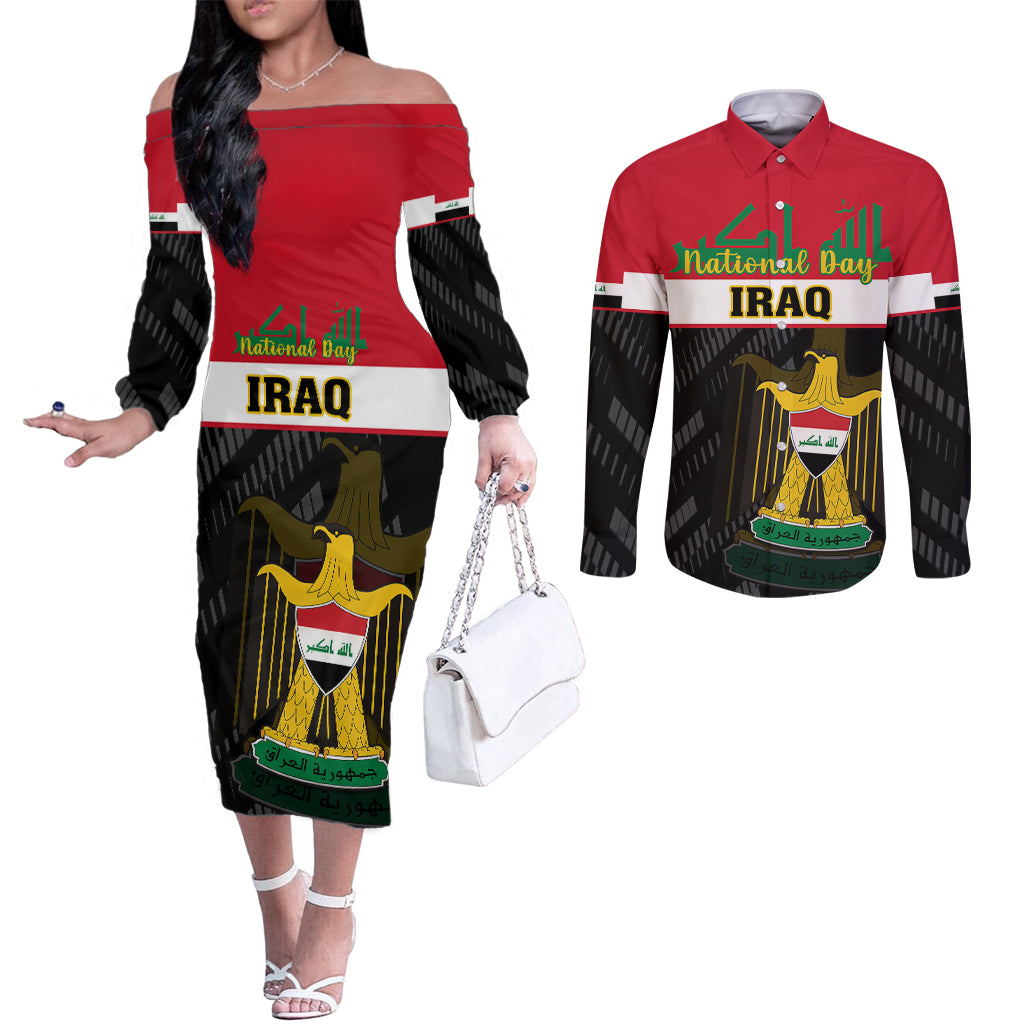 personalised-iraq-national-day-couples-matching-off-the-shoulder-long-sleeve-dress-and-long-sleeve-button-shirts-iraqi-coat-of-arms-with-flag-style