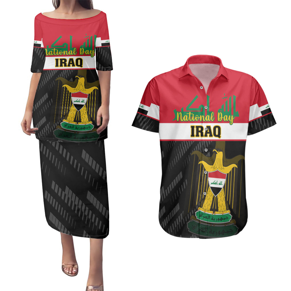 Personalised Iraq National Day Couples Matching Puletasi Dress and Hawaiian Shirt Iraqi Coat Of Arms With Flag Style - Wonder Print Shop