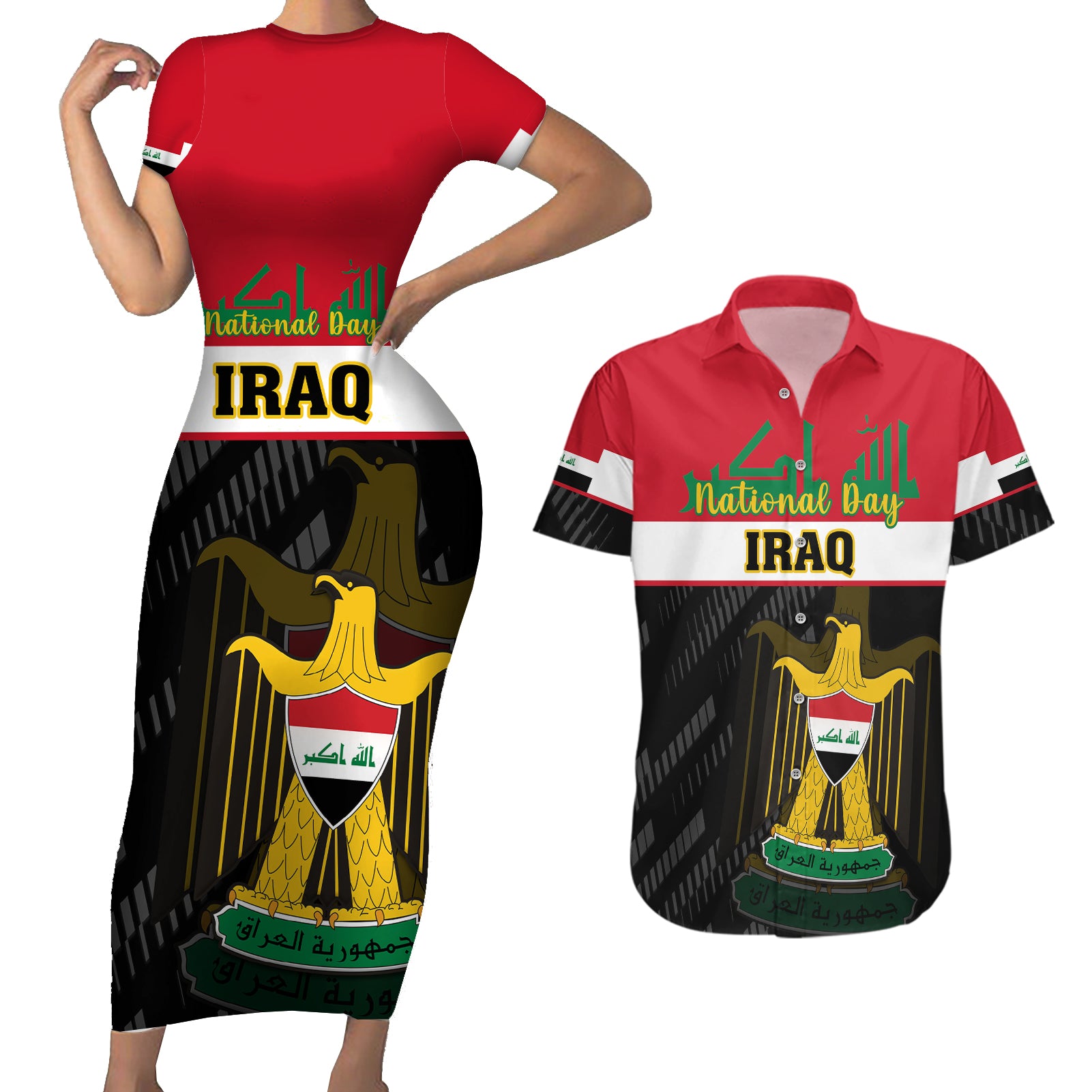 Personalised Iraq National Day Couples Matching Short Sleeve Bodycon Dress and Hawaiian Shirt Iraqi Coat Of Arms With Flag Style - Wonder Print Shop