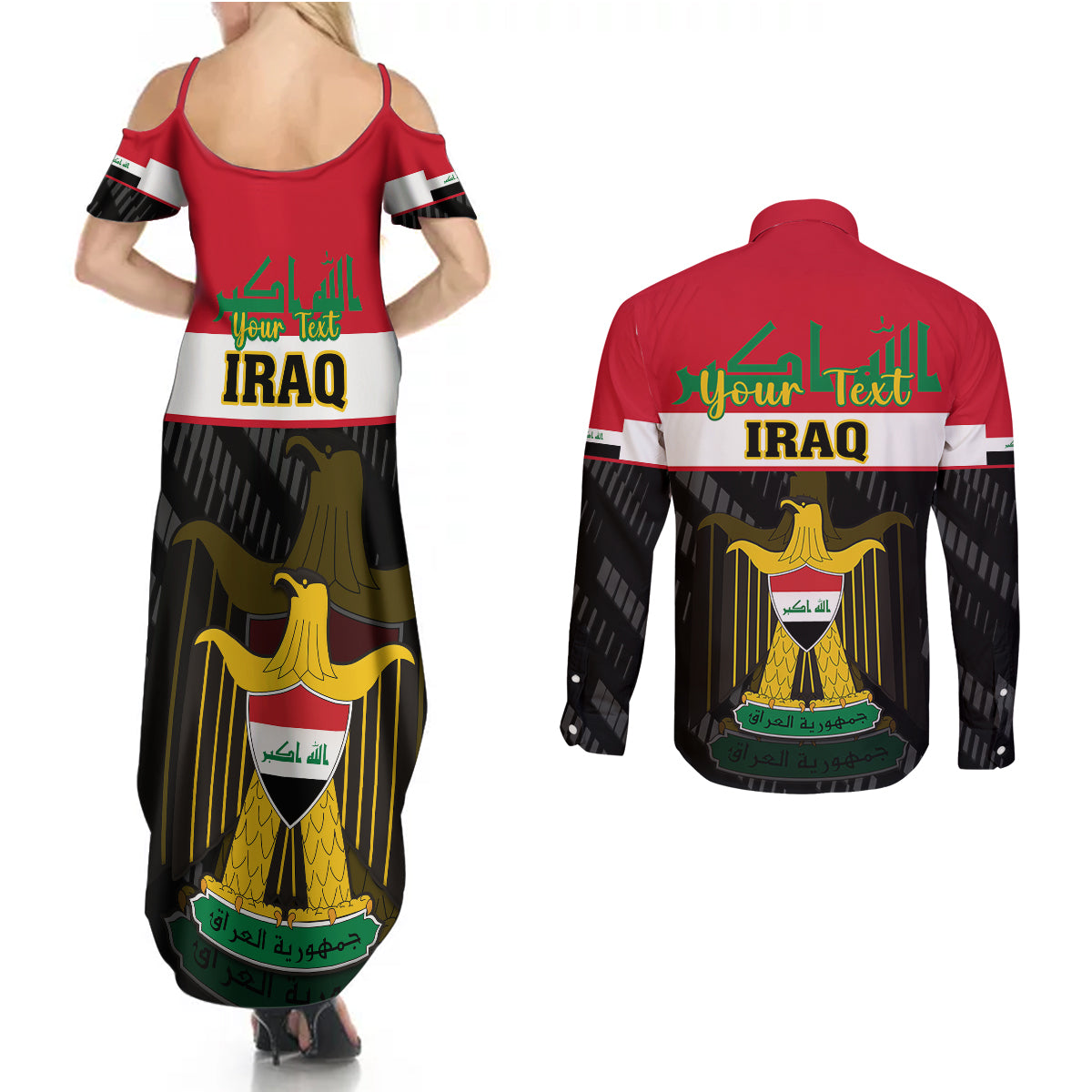 Personalised Iraq National Day Couples Matching Summer Maxi Dress and Long Sleeve Button Shirts Iraqi Coat Of Arms With Flag Style - Wonder Print Shop