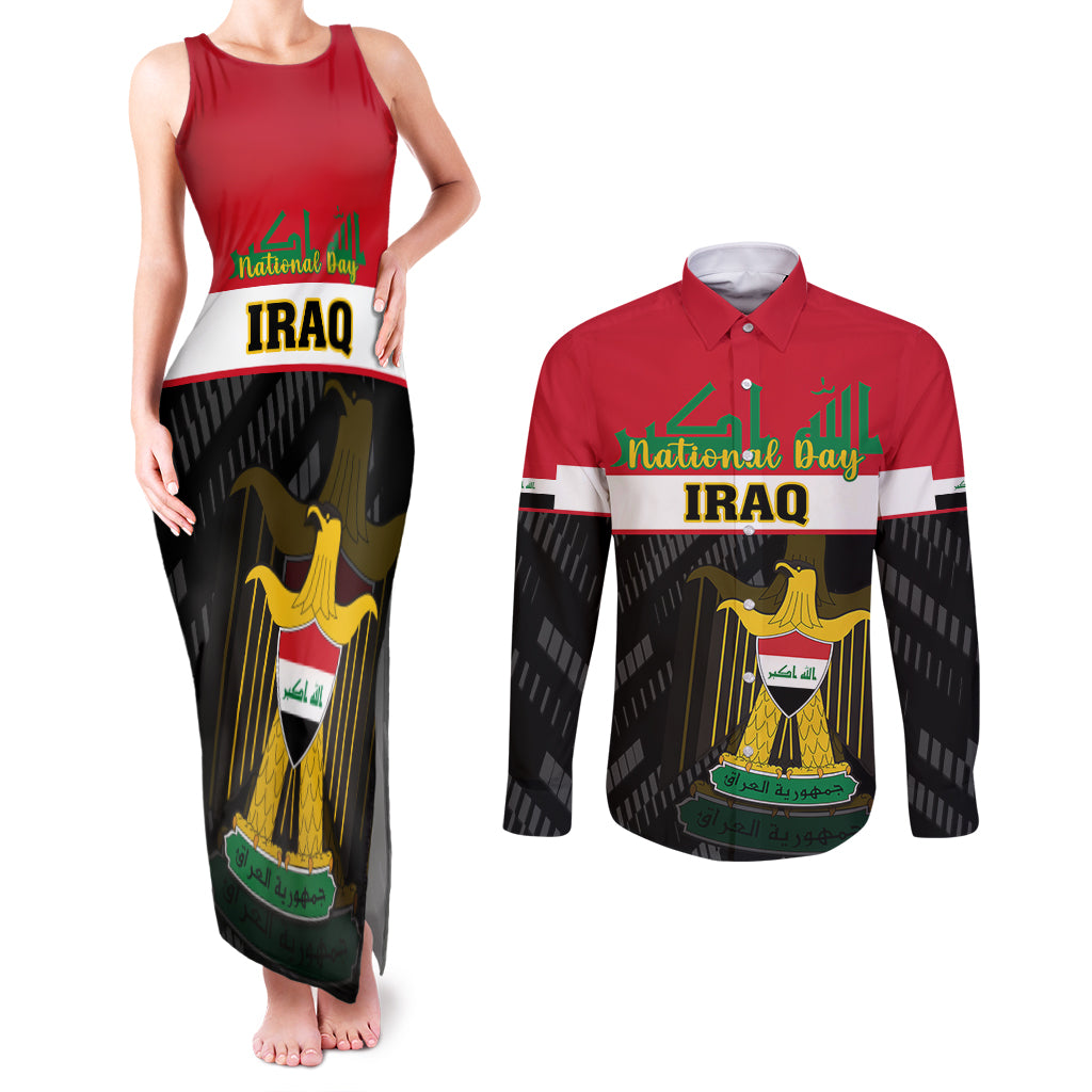 Personalised Iraq National Day Couples Matching Tank Maxi Dress and Long Sleeve Button Shirts Iraqi Coat Of Arms With Flag Style - Wonder Print Shop