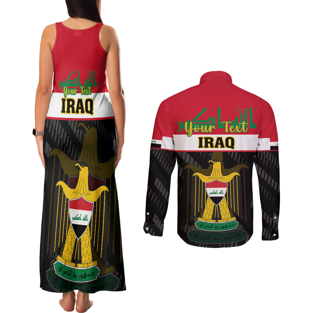 Personalised Iraq National Day Couples Matching Tank Maxi Dress and Long Sleeve Button Shirts Iraqi Coat Of Arms With Flag Style - Wonder Print Shop