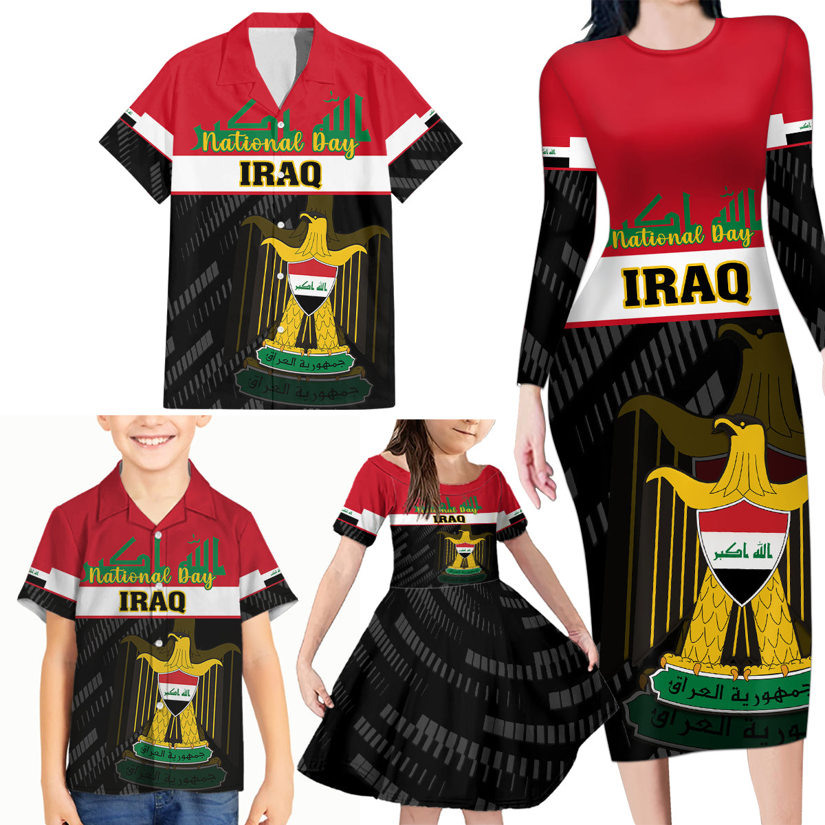 Personalised Iraq National Day Family Matching Long Sleeve Bodycon Dress and Hawaiian Shirt Iraqi Coat Of Arms With Flag Style - Wonder Print Shop