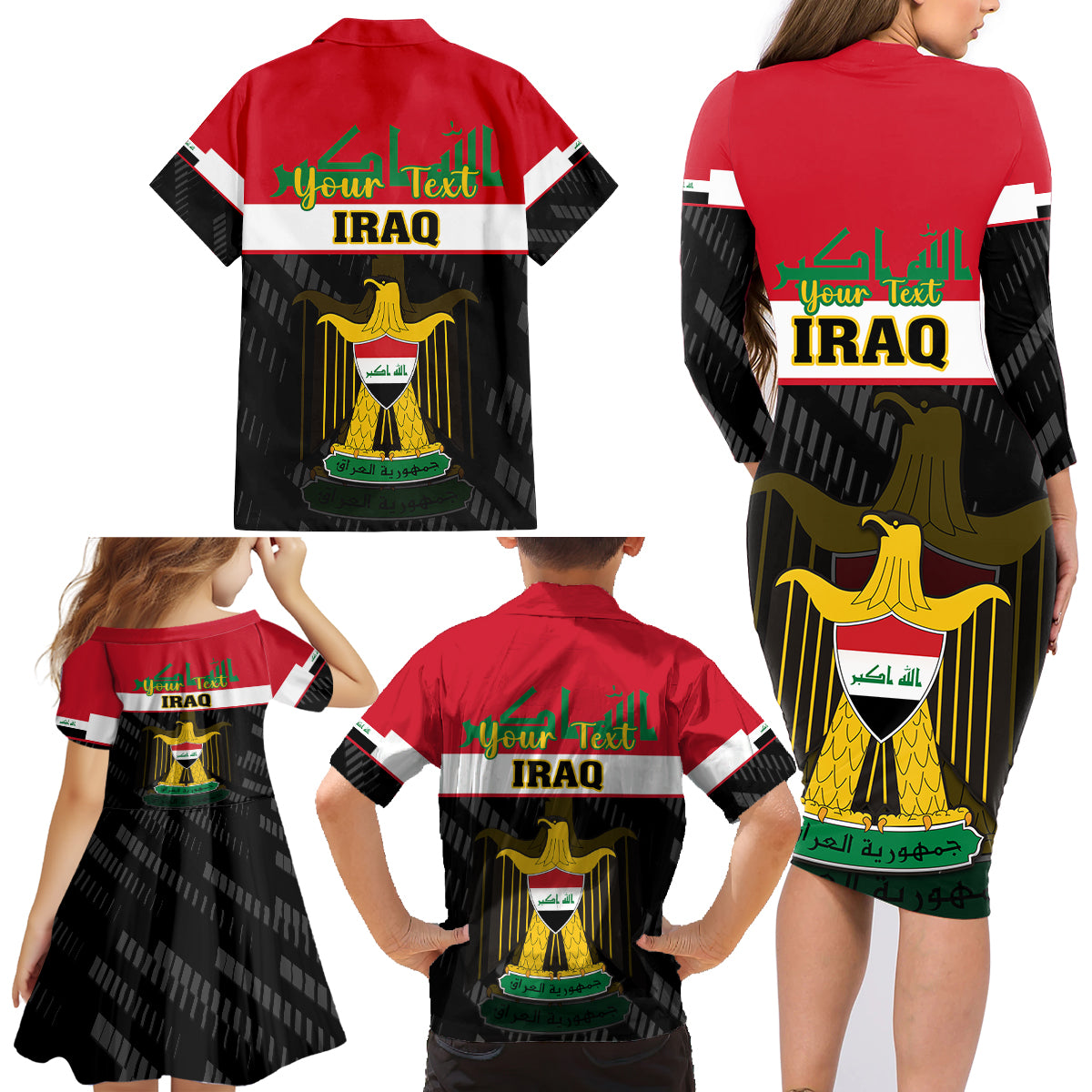 Personalised Iraq National Day Family Matching Long Sleeve Bodycon Dress and Hawaiian Shirt Iraqi Coat Of Arms With Flag Style - Wonder Print Shop