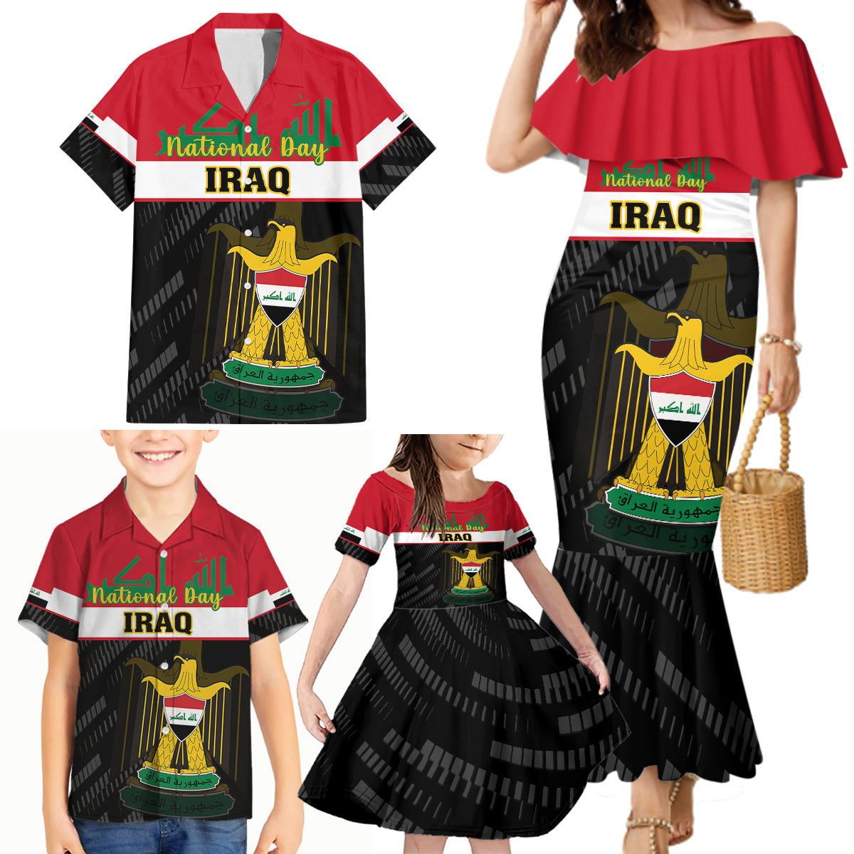 personalised-iraq-national-day-family-matching-mermaid-dress-and-hawaiian-shirt-iraqi-coat-of-arms-with-flag-style