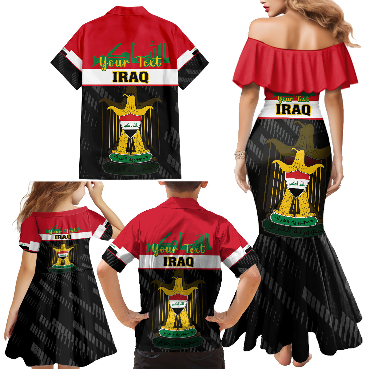 Personalised Iraq National Day Family Matching Mermaid Dress and Hawaiian Shirt Iraqi Coat Of Arms With Flag Style - Wonder Print Shop