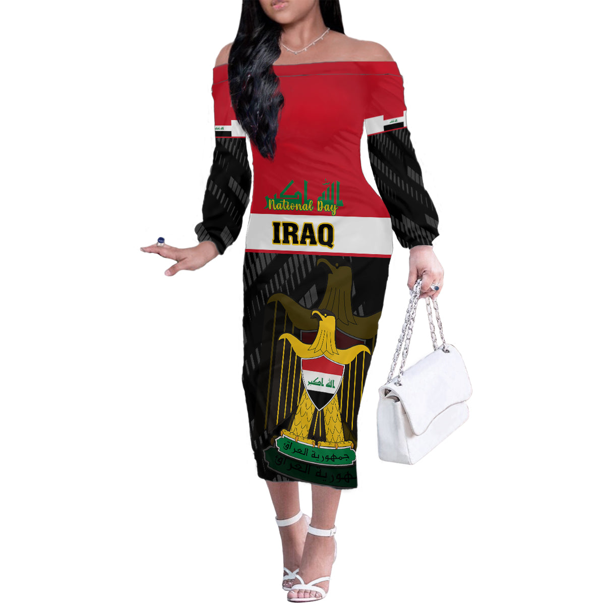 Personalised Iraq National Day Family Matching Off Shoulder Long Sleeve Dress and Hawaiian Shirt Iraqi Coat Of Arms With Flag Style - Wonder Print Shop