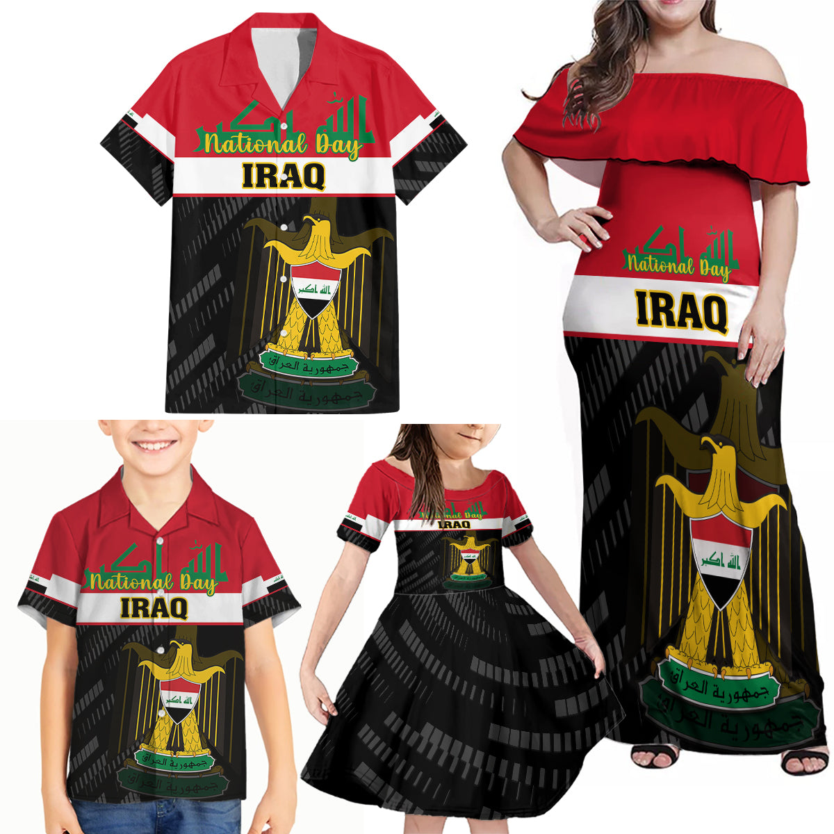 personalised-iraq-national-day-family-matching-off-shoulder-maxi-dress-and-hawaiian-shirt-iraqi-coat-of-arms-with-flag-style