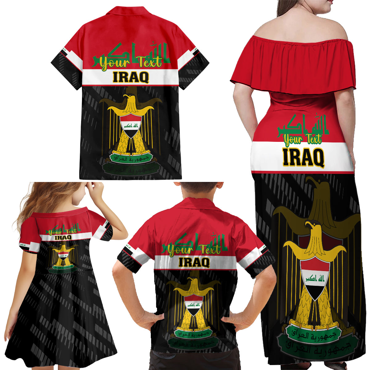 Personalised Iraq National Day Family Matching Off Shoulder Maxi Dress and Hawaiian Shirt Iraqi Coat Of Arms With Flag Style - Wonder Print Shop