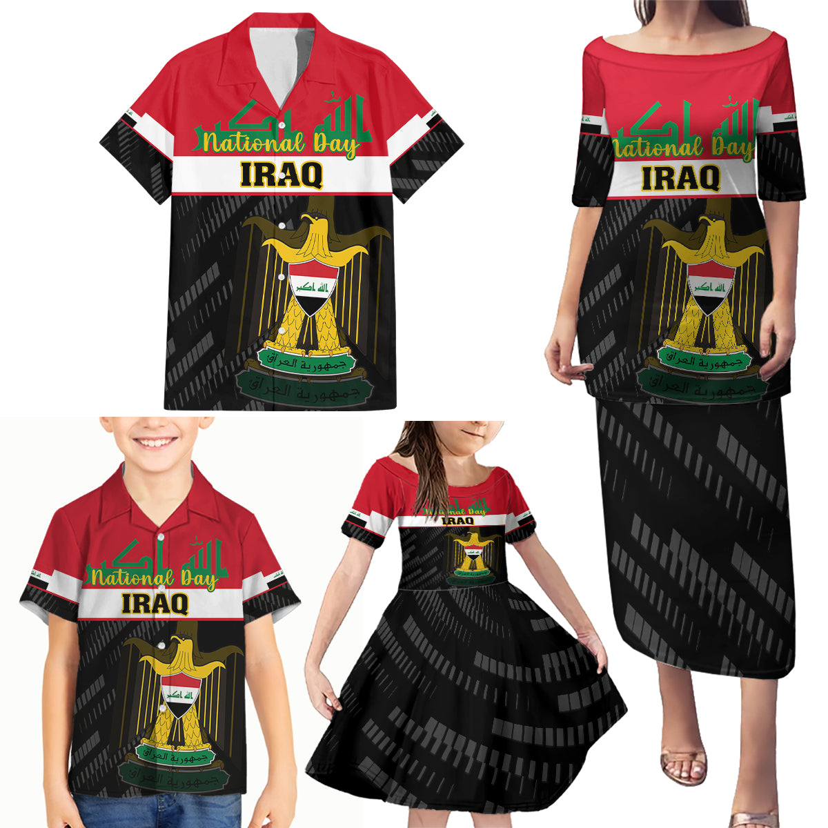 Personalised Iraq National Day Family Matching Puletasi Dress and Hawaiian Shirt Iraqi Coat Of Arms With Flag Style - Wonder Print Shop