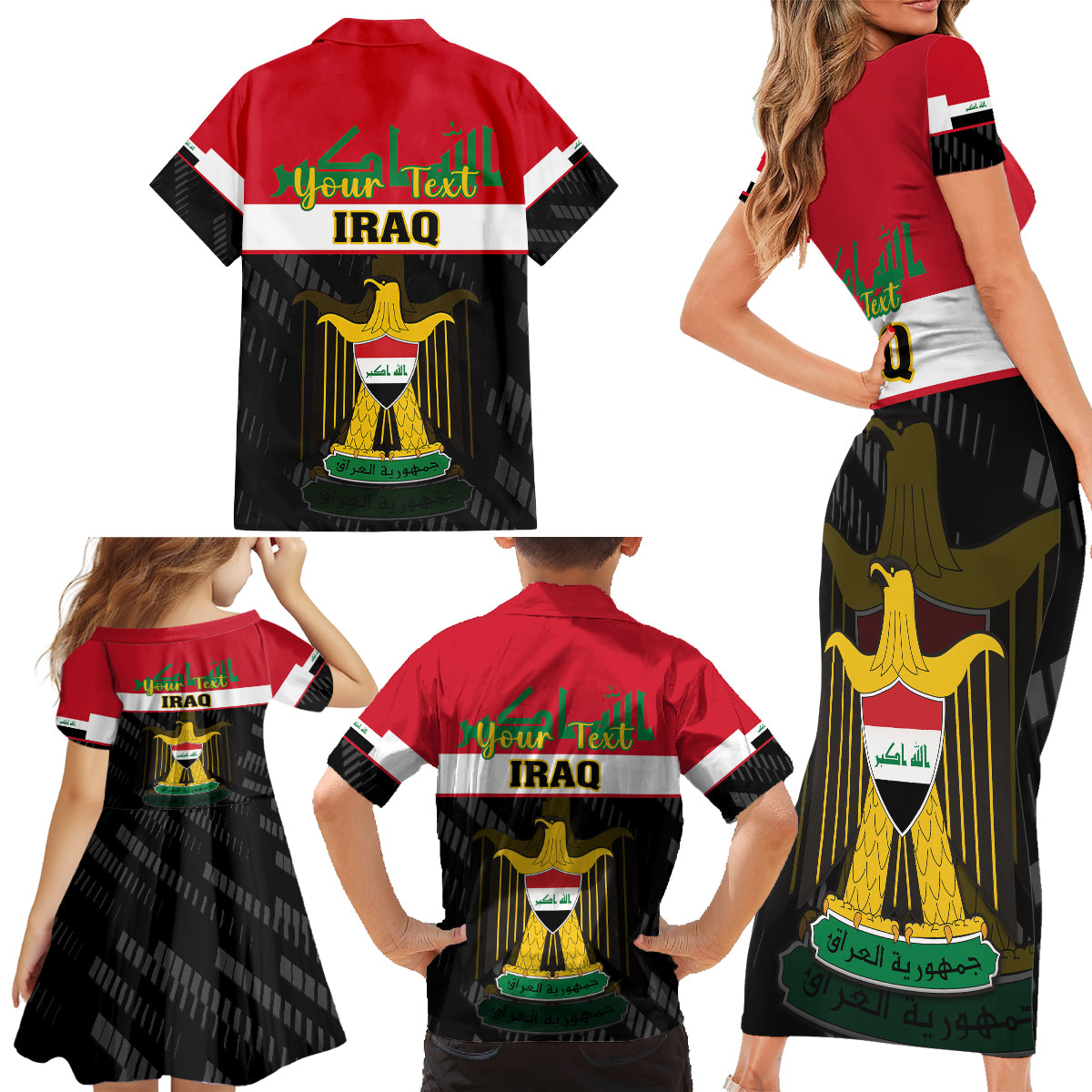 Personalised Iraq National Day Family Matching Short Sleeve Bodycon Dress and Hawaiian Shirt Iraqi Coat Of Arms With Flag Style - Wonder Print Shop