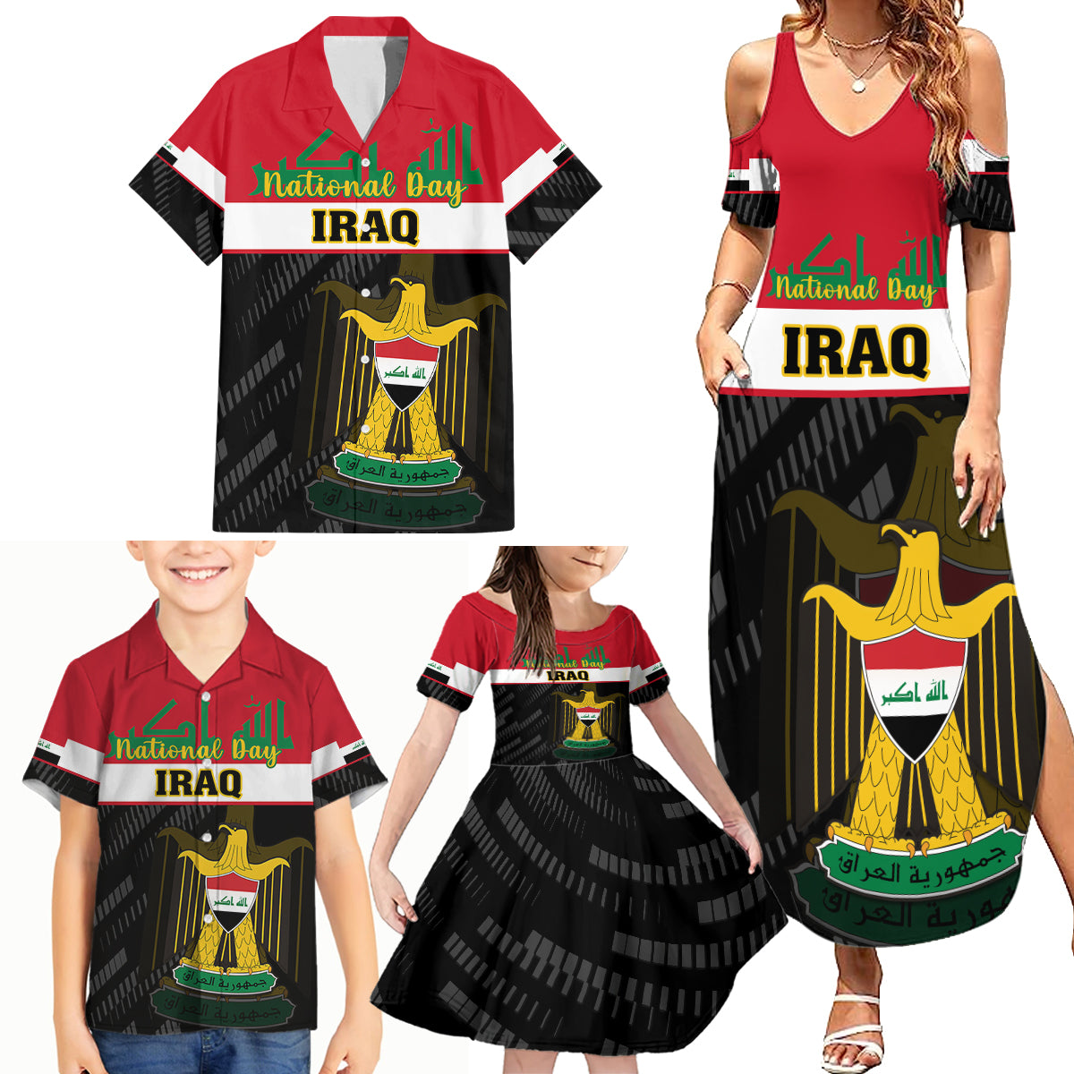Personalised Iraq National Day Family Matching Summer Maxi Dress and Hawaiian Shirt Iraqi Coat Of Arms With Flag Style - Wonder Print Shop