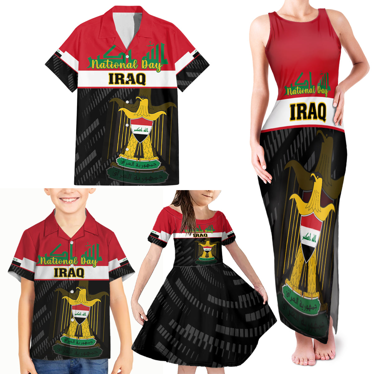 Personalised Iraq National Day Family Matching Tank Maxi Dress and Hawaiian Shirt Iraqi Coat Of Arms With Flag Style - Wonder Print Shop