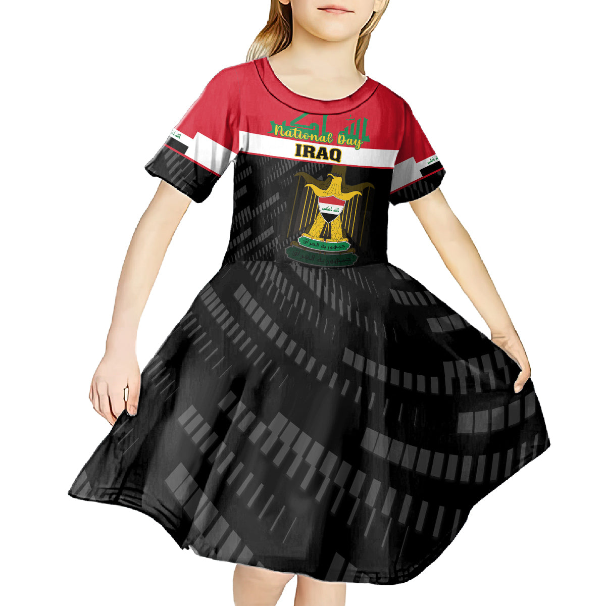 Personalised Iraq National Day Kid Short Sleeve Dress Iraqi Coat Of Arms With Flag Style - Wonder Print Shop