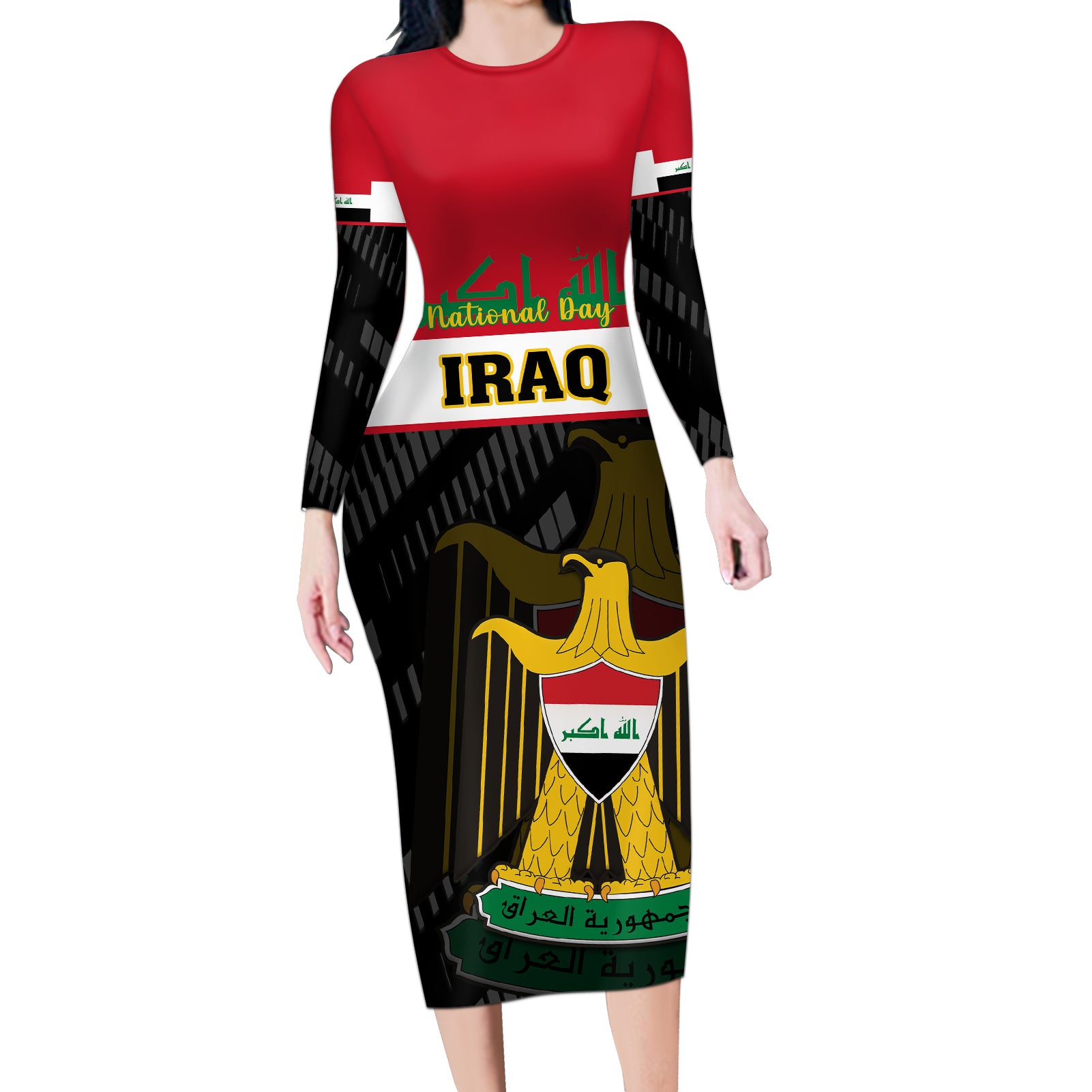 Personalised Iraq National Day Long Sleeve Bodycon Dress Iraqi Coat Of Arms With Flag Style - Wonder Print Shop