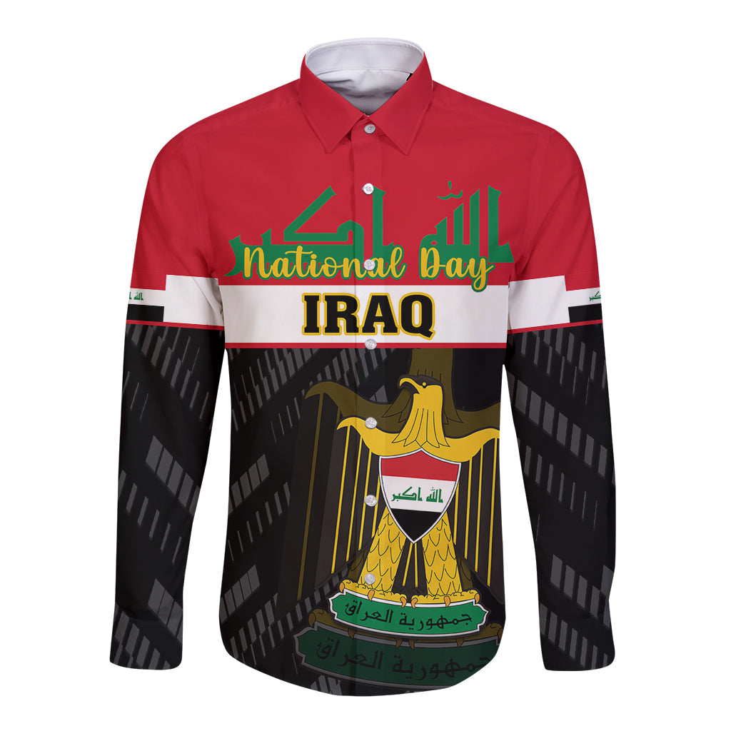 Personalised Iraq National Day Long Sleeve Button Shirt Iraqi Coat Of Arms With Flag Style - Wonder Print Shop