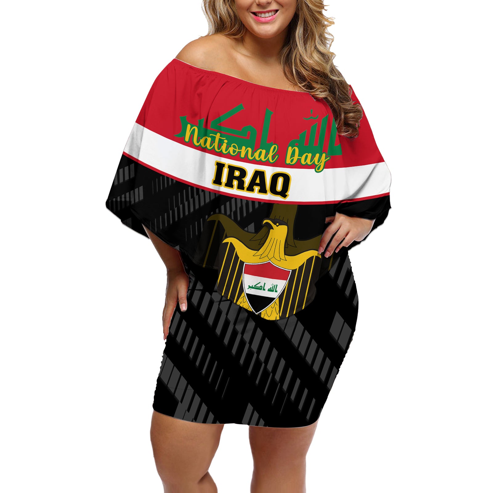 Personalised Iraq National Day Off Shoulder Short Dress Iraqi Coat Of Arms With Flag Style - Wonder Print Shop