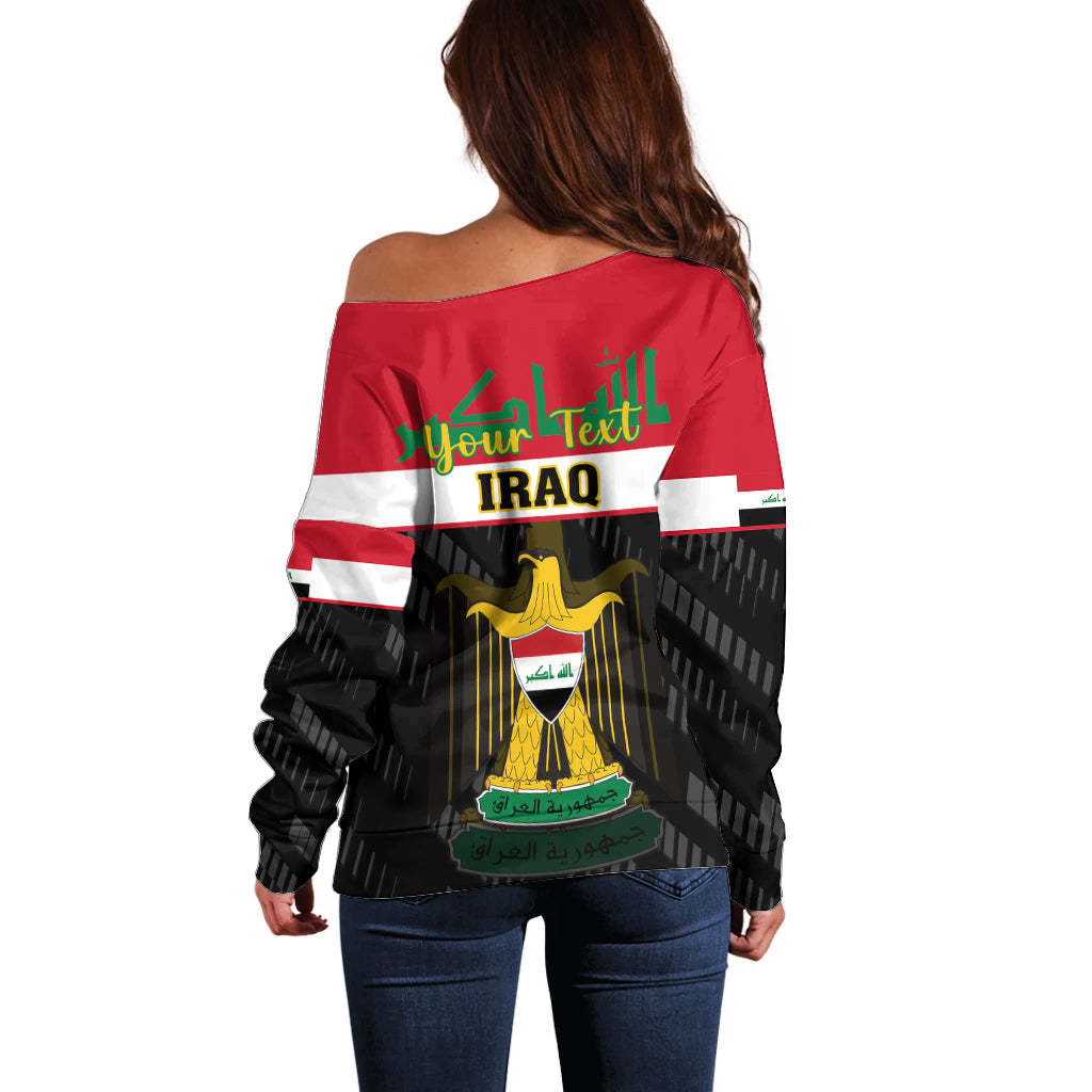 Personalised Iraq National Day Off Shoulder Sweater Iraqi Coat Of Arms With Flag Style - Wonder Print Shop