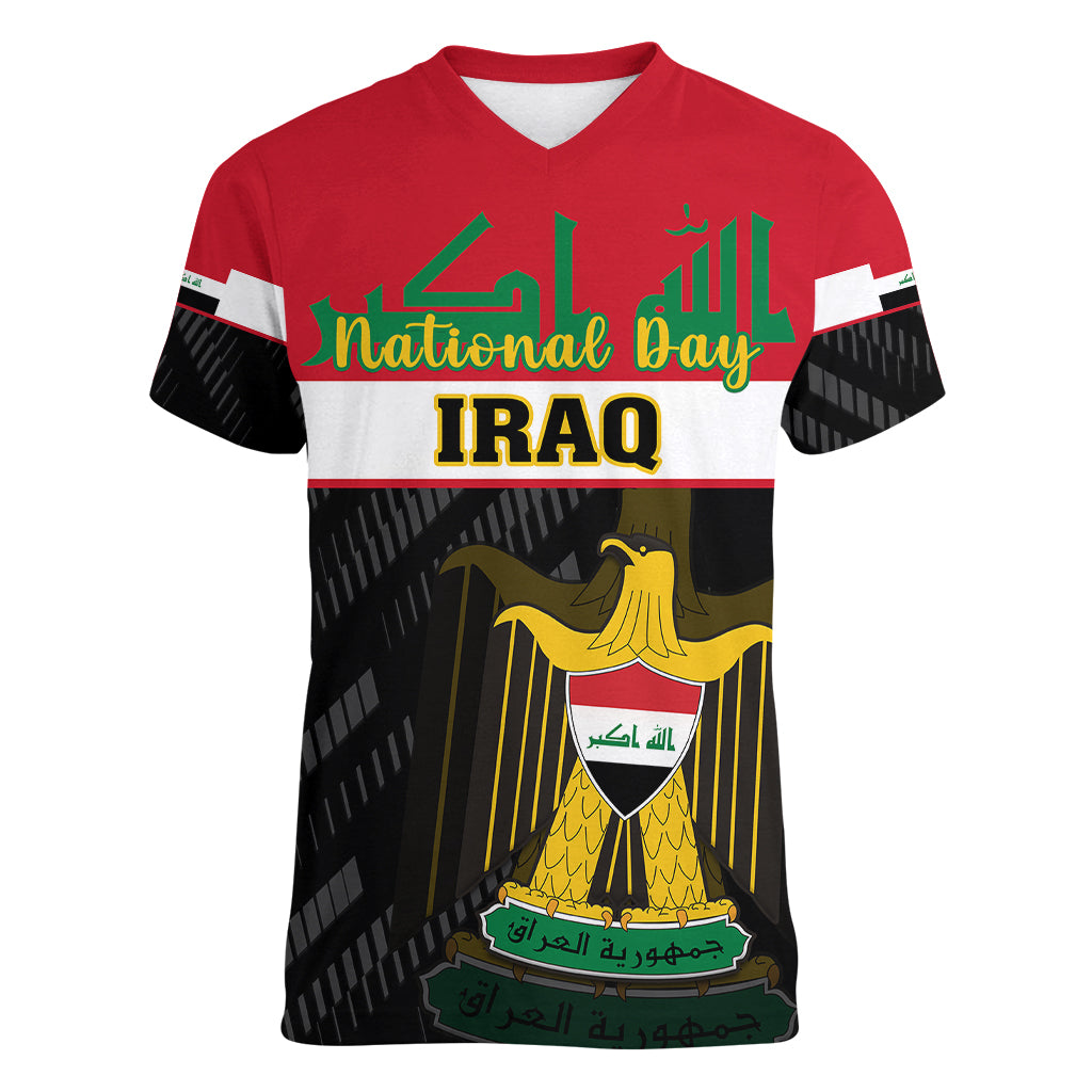 Personalised Iraq National Day Women V Neck T Shirt Iraqi Coat Of Arms With Flag Style - Wonder Print Shop