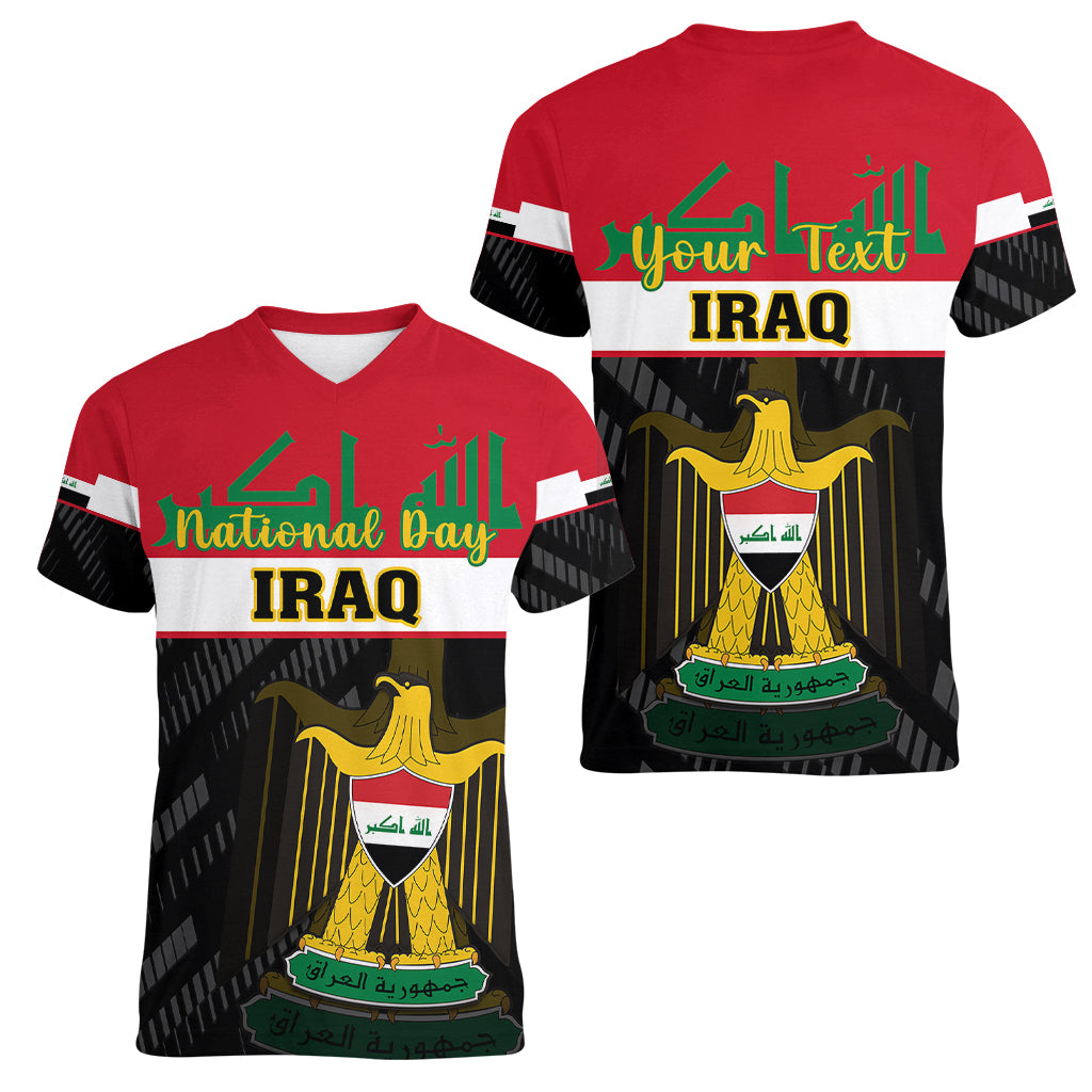 Personalised Iraq National Day Women V Neck T Shirt Iraqi Coat Of Arms With Flag Style - Wonder Print Shop