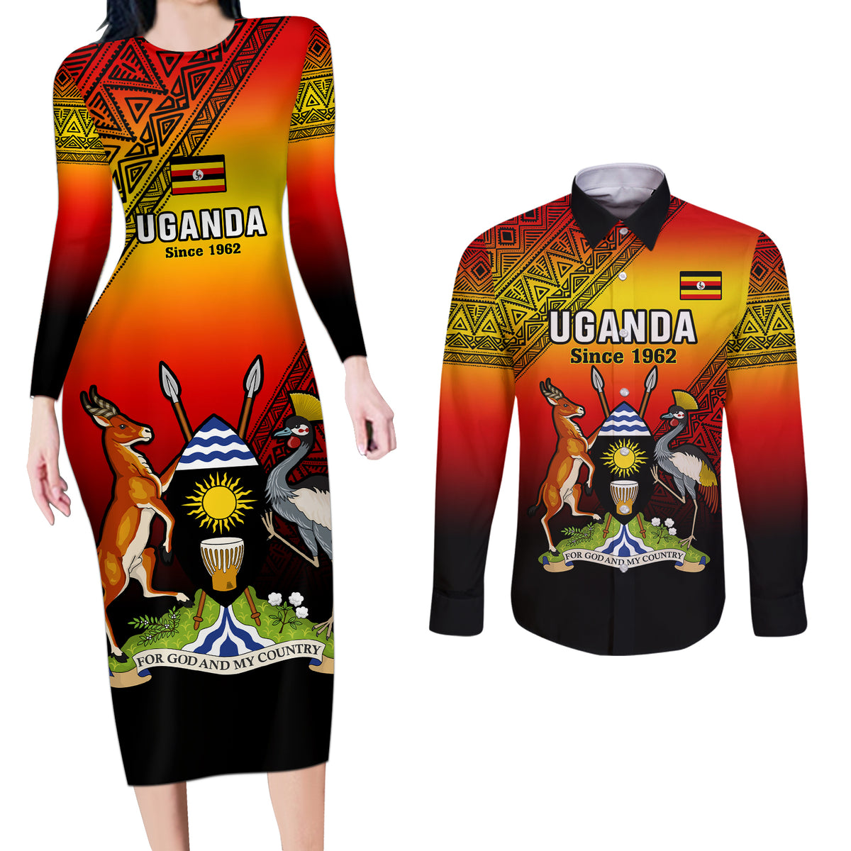Uganda Independence Day Couples Matching Long Sleeve Bodycon Dress and Long Sleeve Button Shirts Jamhuri ya Uganda Happy 61st Anniversary - Wonder Print Shop