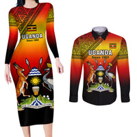 Uganda Independence Day Couples Matching Long Sleeve Bodycon Dress and Long Sleeve Button Shirts Jamhuri ya Uganda Happy 61st Anniversary - Wonder Print Shop