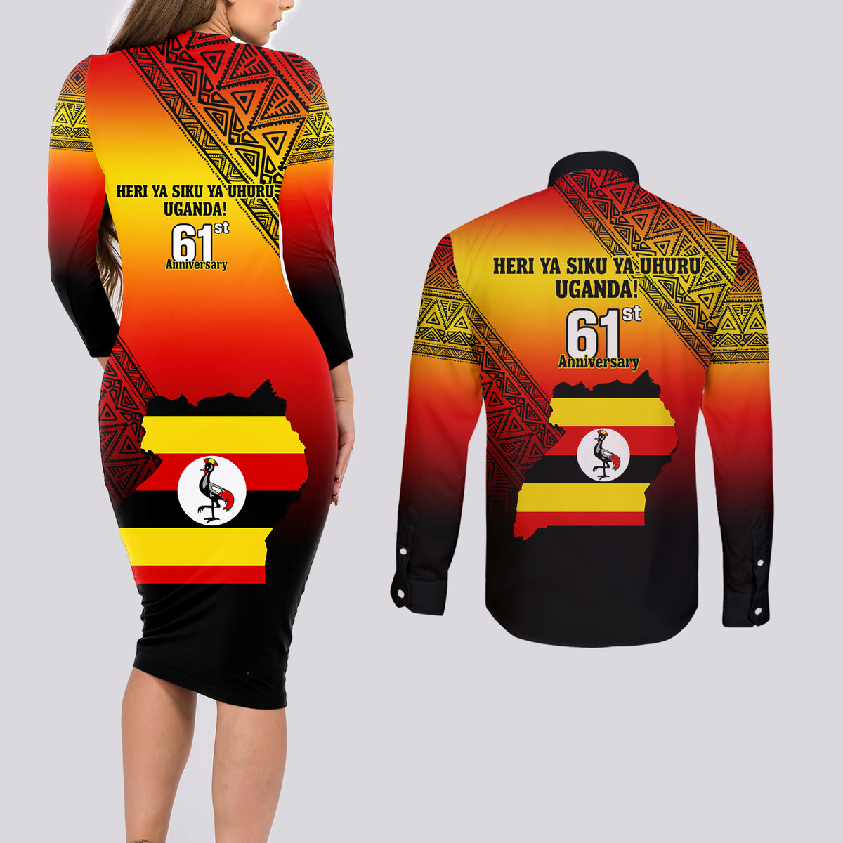 Uganda Independence Day Couples Matching Long Sleeve Bodycon Dress and Long Sleeve Button Shirts Jamhuri ya Uganda Happy 61st Anniversary - Wonder Print Shop