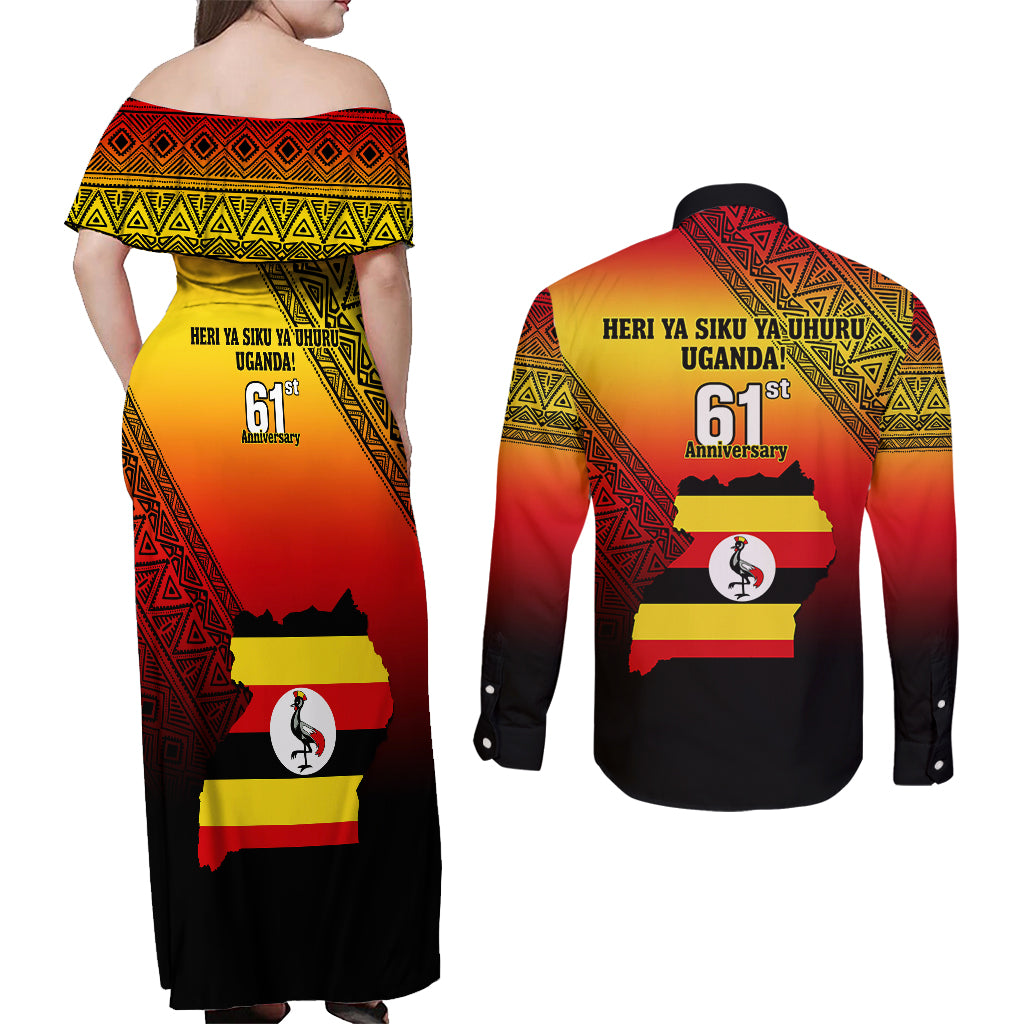 Uganda Independence Day Couples Matching Off Shoulder Maxi Dress and Long Sleeve Button Shirts Jamhuri ya Uganda Happy 61st Anniversary - Wonder Print Shop
