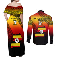 Uganda Independence Day Couples Matching Off Shoulder Maxi Dress and Long Sleeve Button Shirts Jamhuri ya Uganda Happy 61st Anniversary - Wonder Print Shop