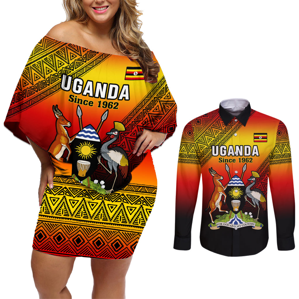 Uganda Independence Day Couples Matching Off Shoulder Short Dress and Long Sleeve Button Shirts Jamhuri ya Uganda Happy 61st Anniversary - Wonder Print Shop