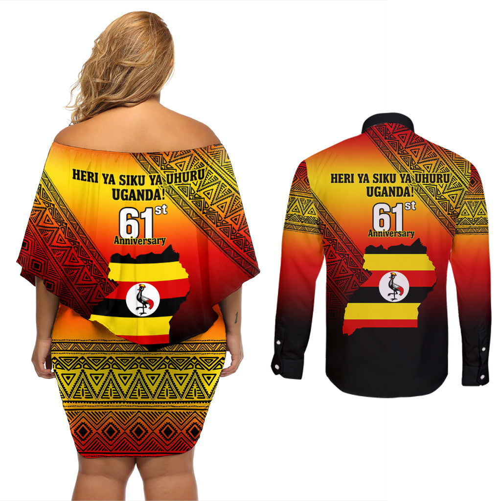 Uganda Independence Day Couples Matching Off Shoulder Short Dress and Long Sleeve Button Shirts Jamhuri ya Uganda Happy 61st Anniversary - Wonder Print Shop