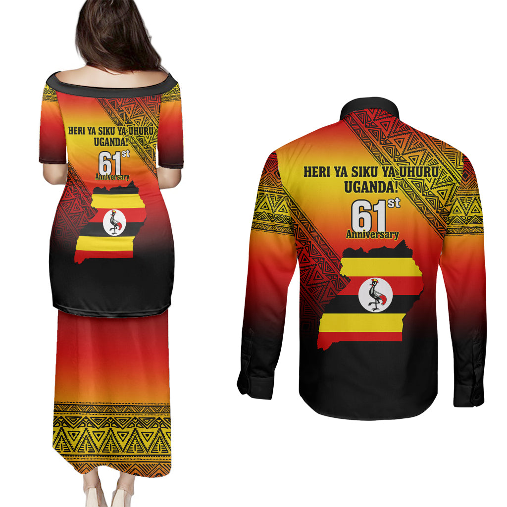 Uganda Independence Day Couples Matching Puletasi Dress and Long Sleeve Button Shirts Jamhuri ya Uganda Happy 61st Anniversary - Wonder Print Shop