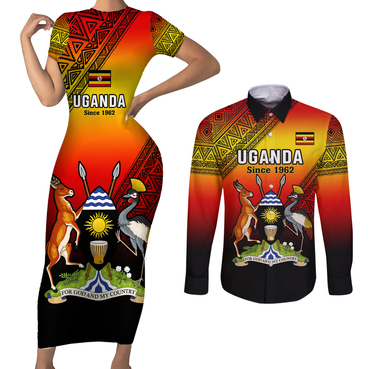 Uganda Independence Day Couples Matching Short Sleeve Bodycon Dress and Long Sleeve Button Shirts Jamhuri ya Uganda Happy 61st Anniversary - Wonder Print Shop