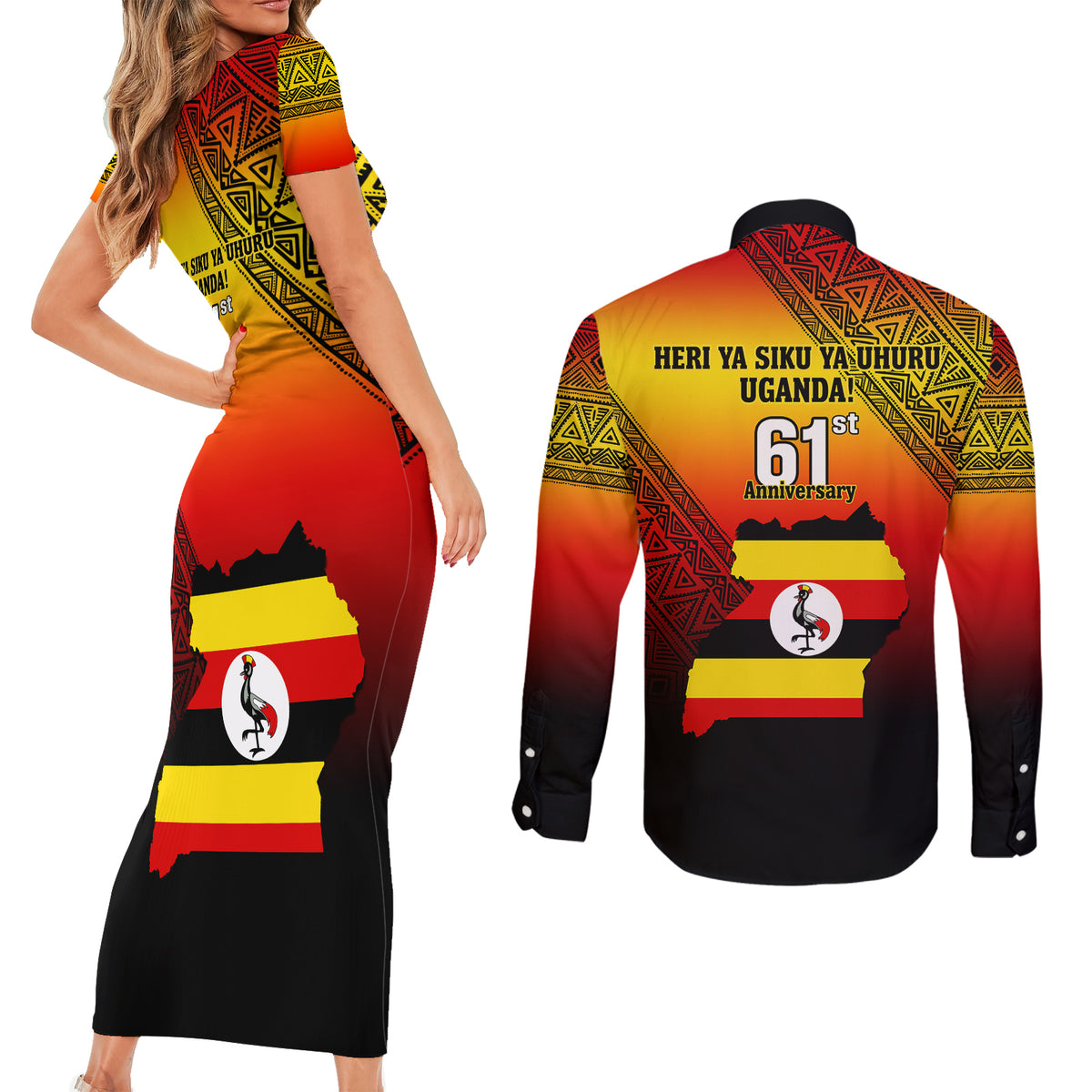 Uganda Independence Day Couples Matching Short Sleeve Bodycon Dress and Long Sleeve Button Shirts Jamhuri ya Uganda Happy 61st Anniversary - Wonder Print Shop