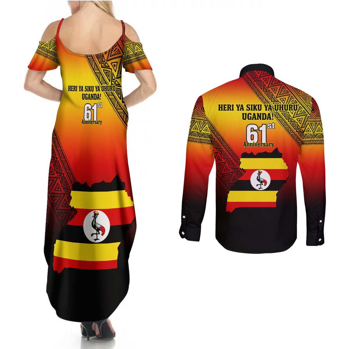 Uganda Independence Day Couples Matching Summer Maxi Dress and Long Sleeve Button Shirts Jamhuri ya Uganda Happy 61st Anniversary - Wonder Print Shop