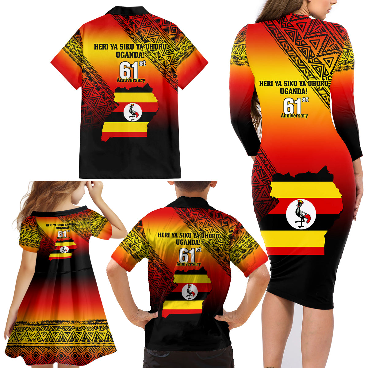Uganda Independence Day Family Matching Long Sleeve Bodycon Dress and Hawaiian Shirt Jamhuri ya Uganda Happy 61st Anniversary - Wonder Print Shop