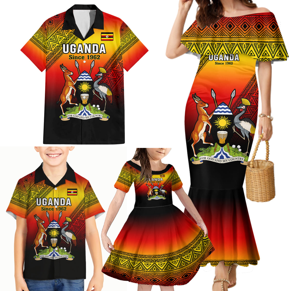 Uganda Independence Day Family Matching Mermaid Dress and Hawaiian Shirt Jamhuri ya Uganda Happy 61st Anniversary - Wonder Print Shop