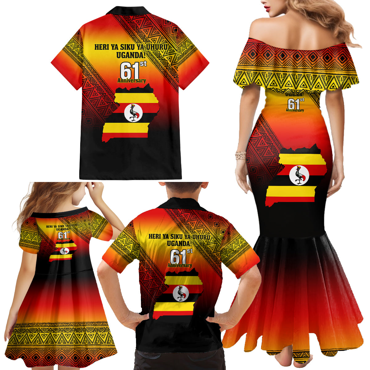 Uganda Independence Day Family Matching Mermaid Dress and Hawaiian Shirt Jamhuri ya Uganda Happy 61st Anniversary - Wonder Print Shop