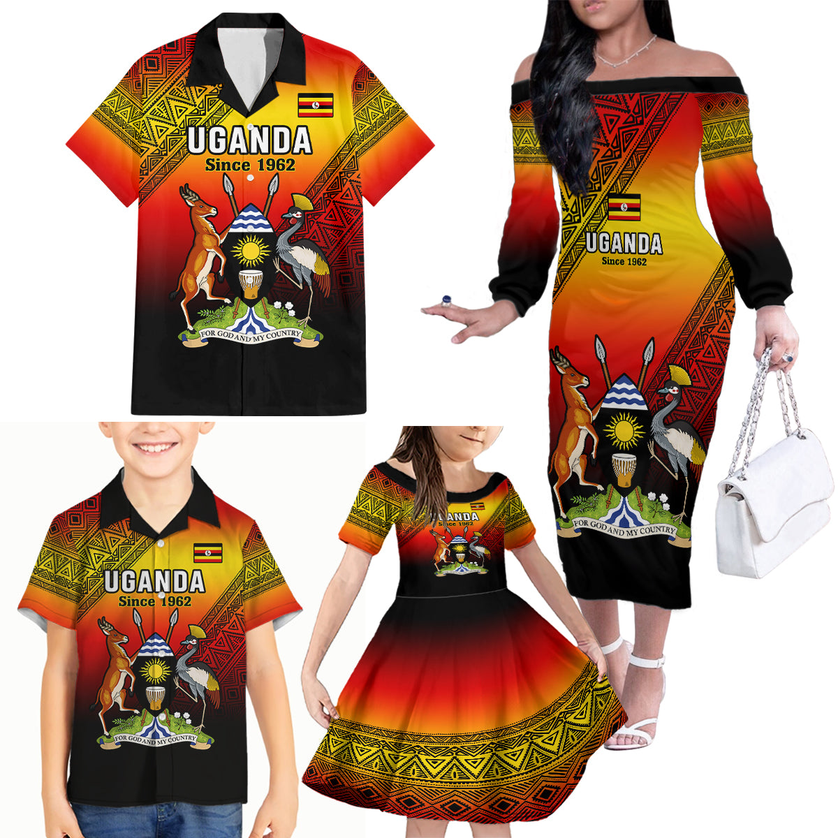 Uganda Independence Day Family Matching Off Shoulder Long Sleeve Dress and Hawaiian Shirt Jamhuri ya Uganda Happy 61st Anniversary - Wonder Print Shop