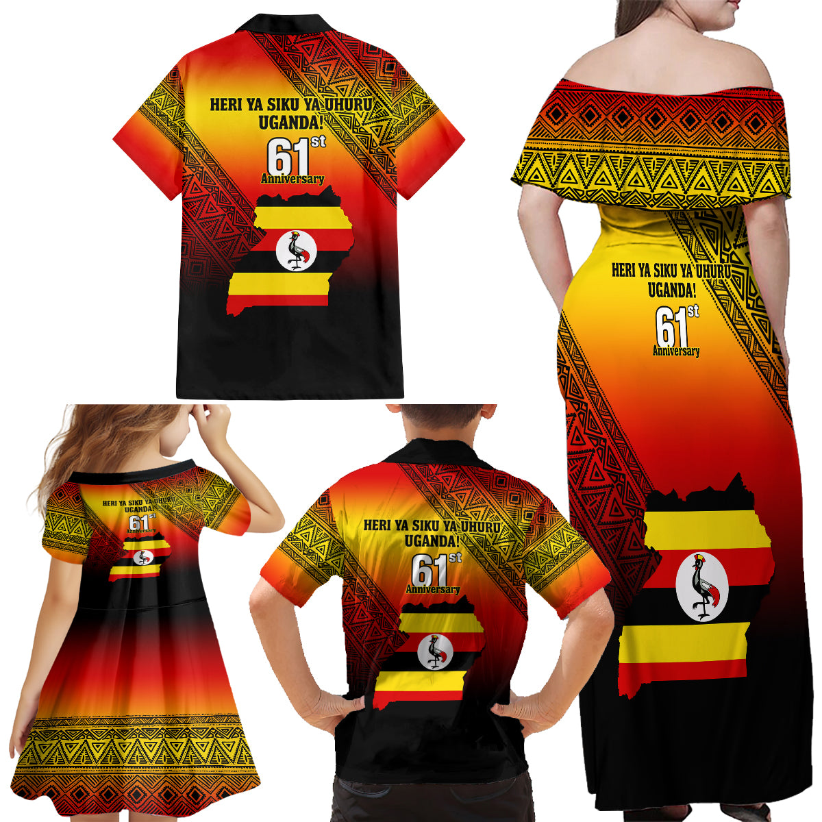 Uganda Independence Day Family Matching Off Shoulder Maxi Dress and Hawaiian Shirt Jamhuri ya Uganda Happy 61st Anniversary - Wonder Print Shop