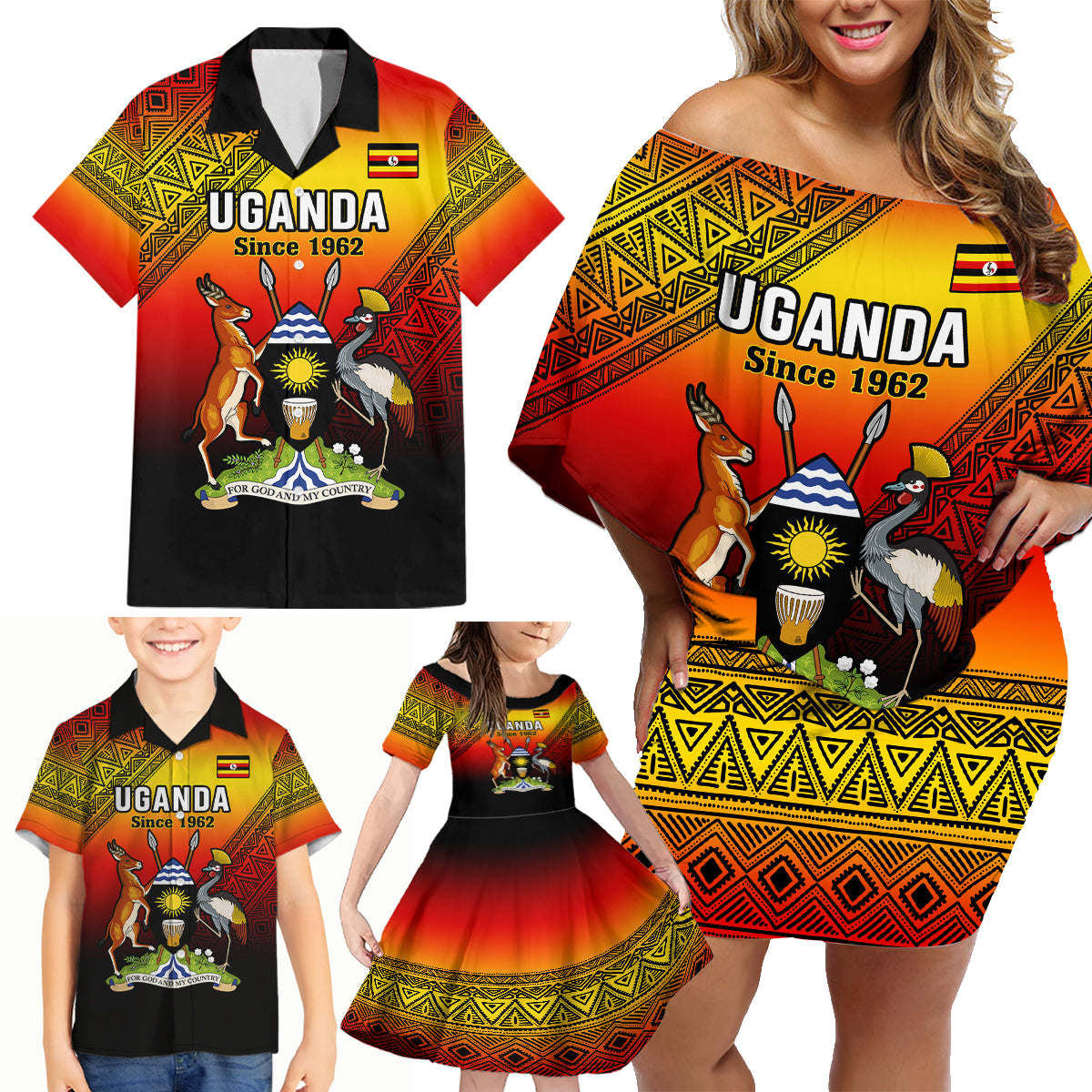 Uganda Independence Day Family Matching Off Shoulder Short Dress and Hawaiian Shirt Jamhuri ya Uganda Happy 61st Anniversary - Wonder Print Shop