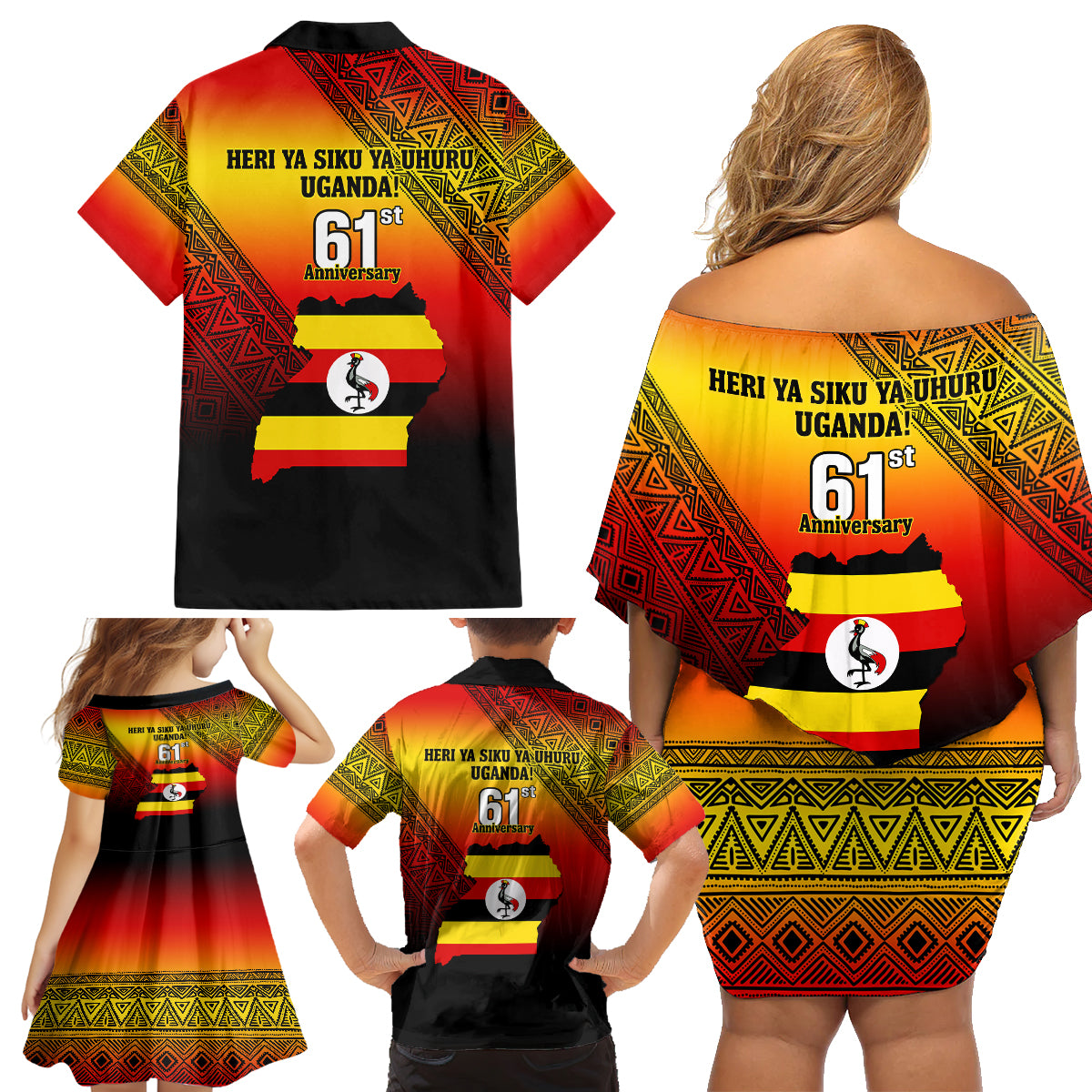 Uganda Independence Day Family Matching Off Shoulder Short Dress and Hawaiian Shirt Jamhuri ya Uganda Happy 61st Anniversary - Wonder Print Shop