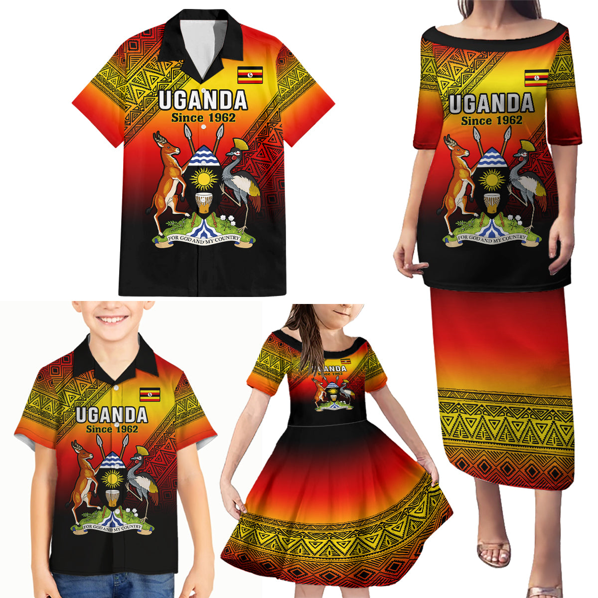 Uganda Independence Day Family Matching Puletasi Dress and Hawaiian Shirt Jamhuri ya Uganda Happy 61st Anniversary - Wonder Print Shop