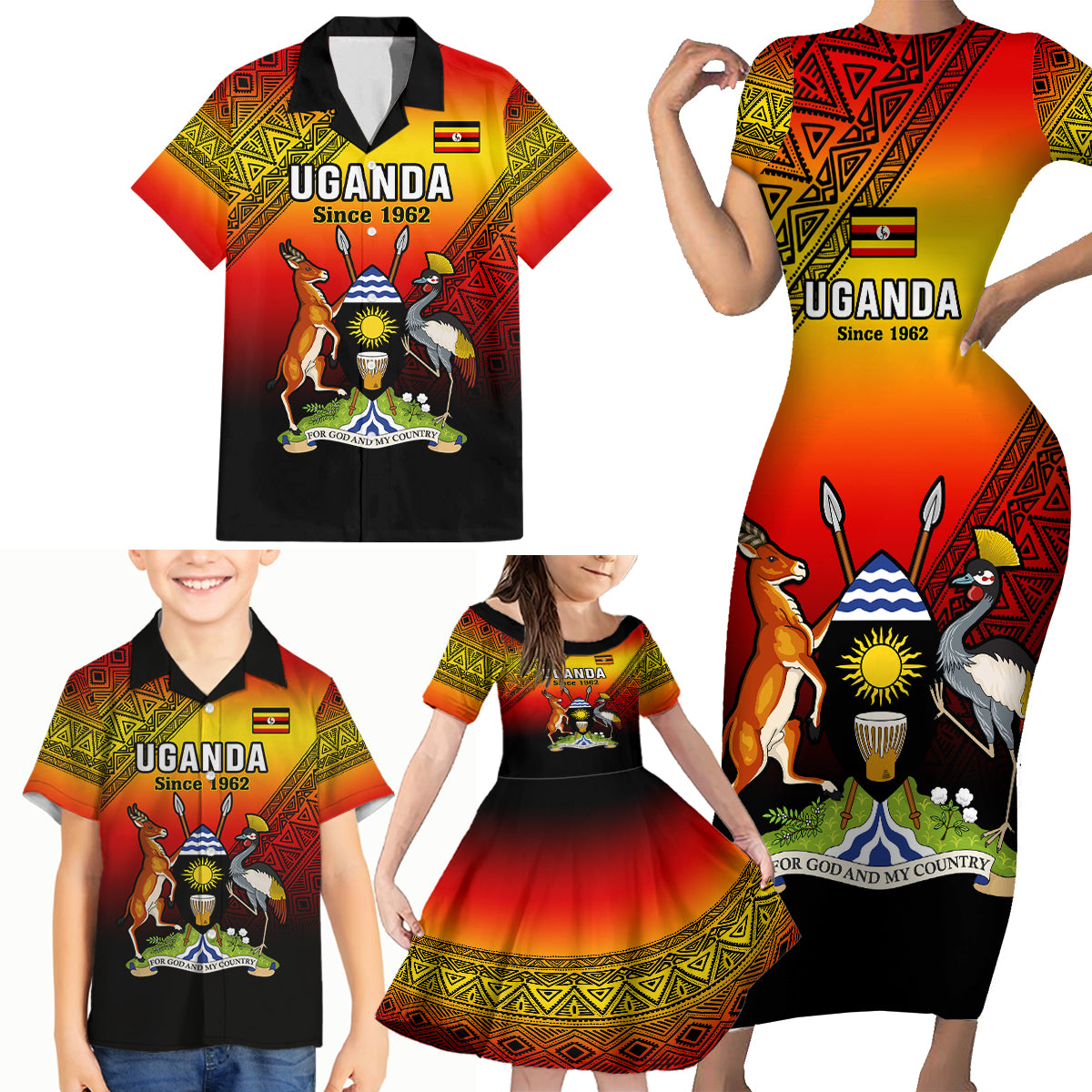 Uganda Independence Day Family Matching Short Sleeve Bodycon Dress and Hawaiian Shirt Jamhuri ya Uganda Happy 61st Anniversary - Wonder Print Shop