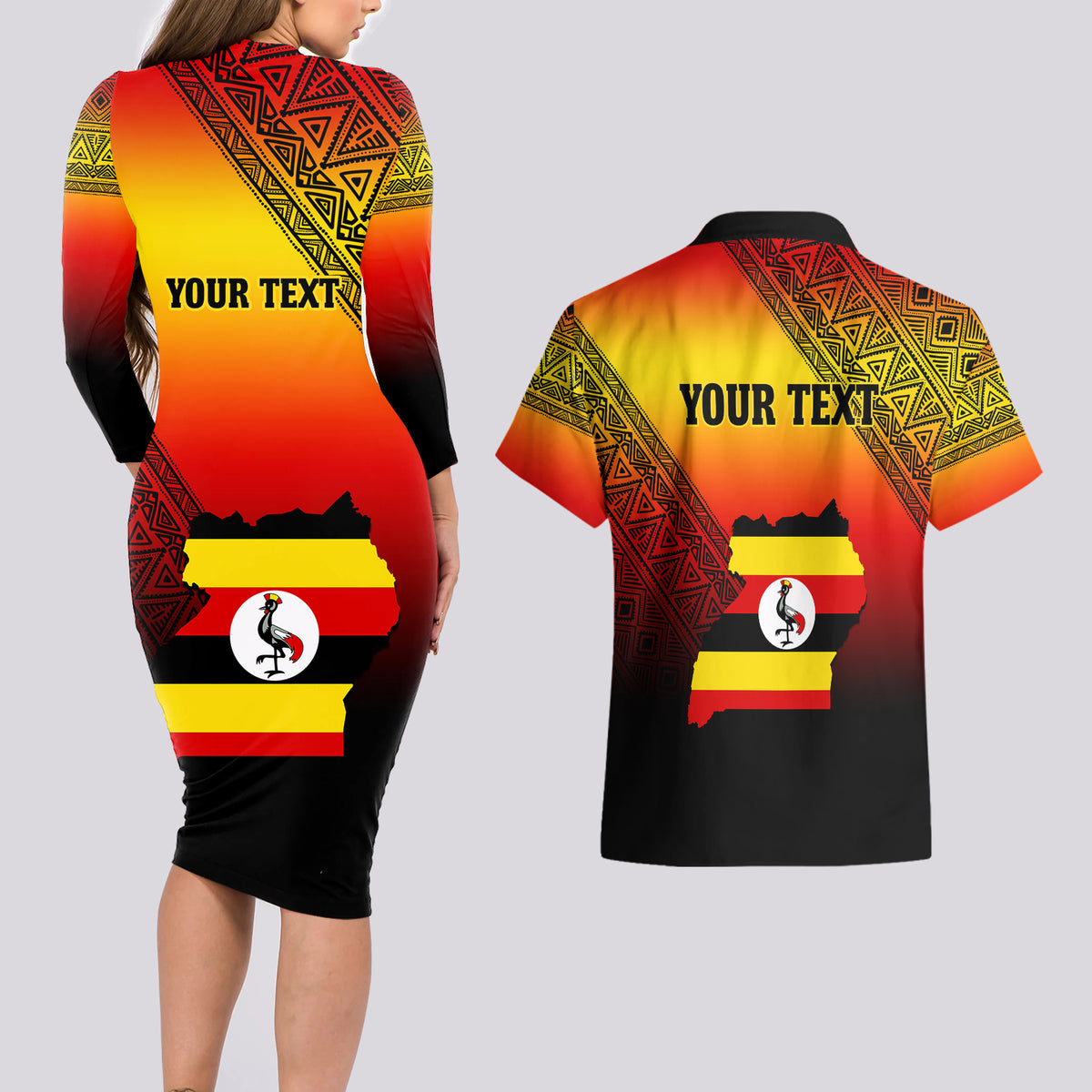 Personalised Uganda Independence Day Couples Matching Long Sleeve Bodycon Dress and Hawaiian Shirt Jamhuri ya Uganda Happy 61st Anniversary - Wonder Print Shop