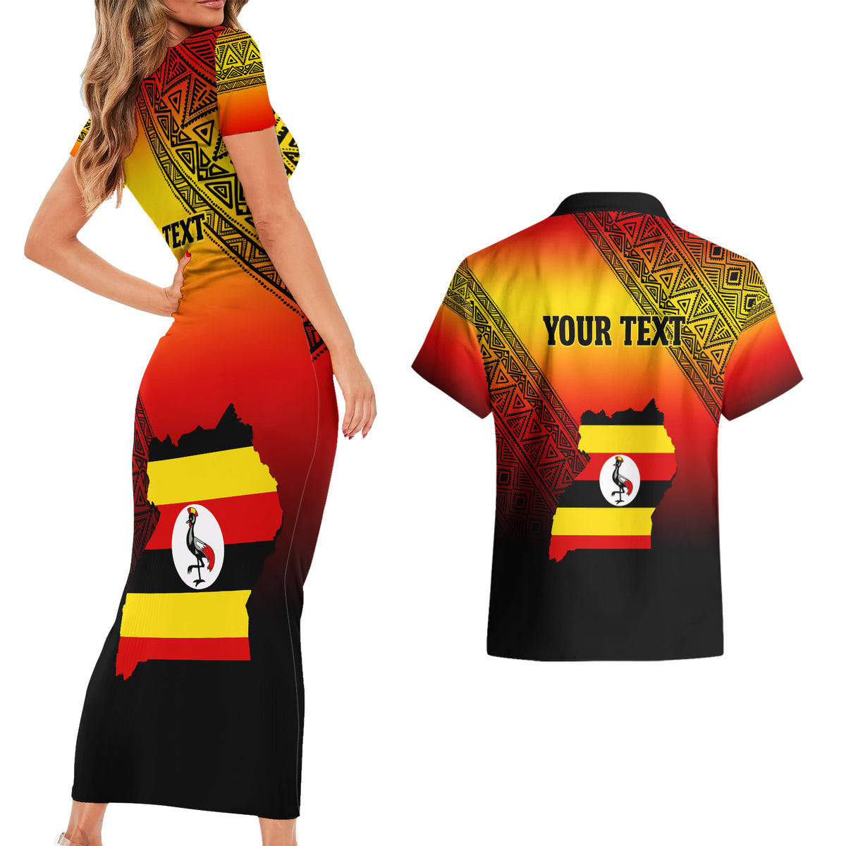 Personalised Uganda Independence Day Couples Matching Short Sleeve Bodycon Dress and Hawaiian Shirt Jamhuri ya Uganda Happy 61st Anniversary - Wonder Print Shop