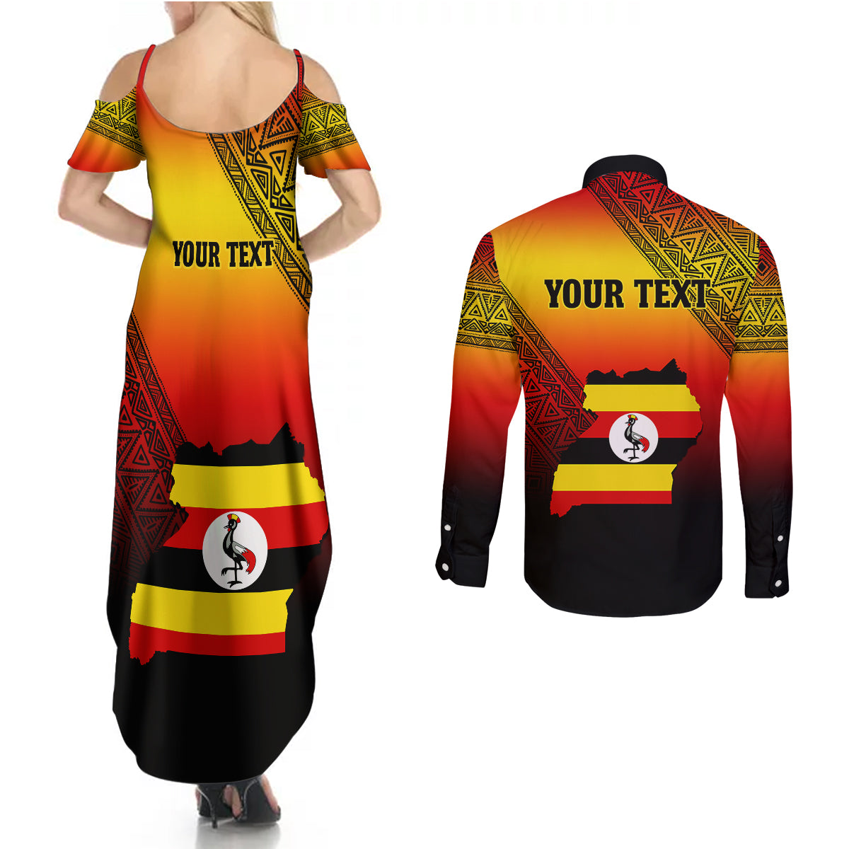 Personalised Uganda Independence Day Couples Matching Summer Maxi Dress and Long Sleeve Button Shirts Jamhuri ya Uganda Happy 61st Anniversary - Wonder Print Shop