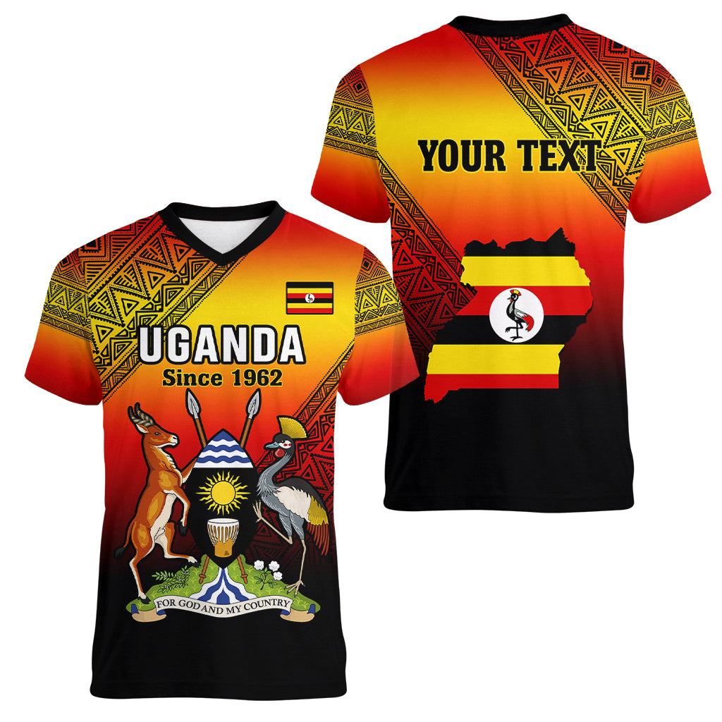 Personalised Uganda Independence Day Women V Neck T Shirt Jamhuri ya Uganda Happy 61st Anniversary - Wonder Print Shop